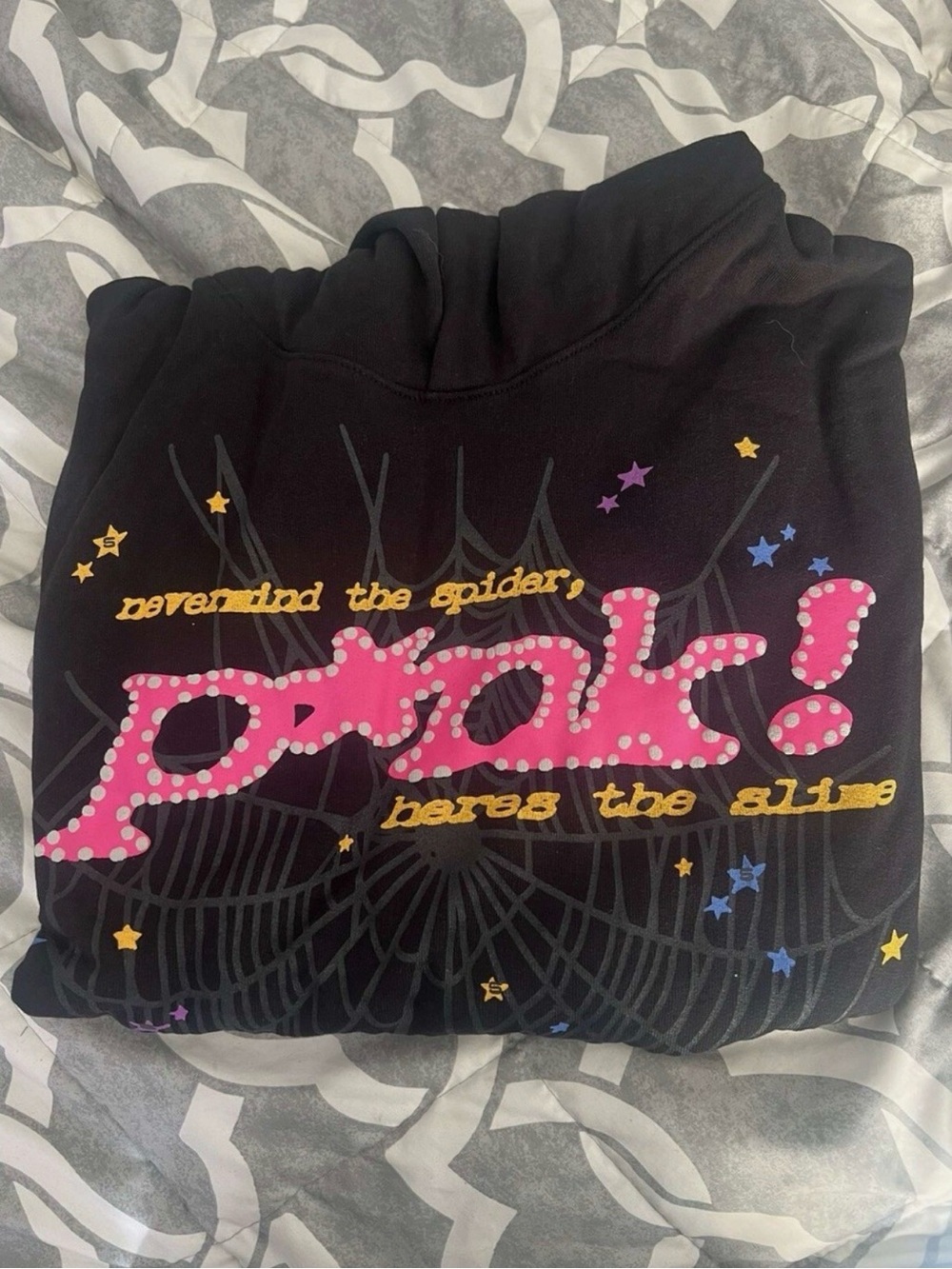 Pink! Girls' Black Graphic Hoodie with Bright Pink Logo and Star Accents